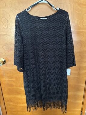 Soho Apparel Black Lace Fringe Long Sleeve Dress